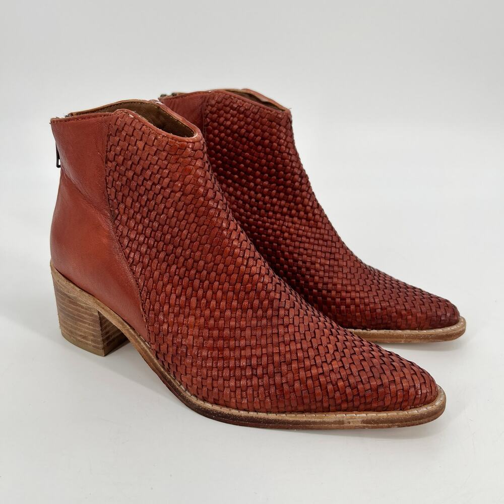 Roolee Start a New Life Boot Womens 6 Cognac Brown Leather Woven Ankle Bootie